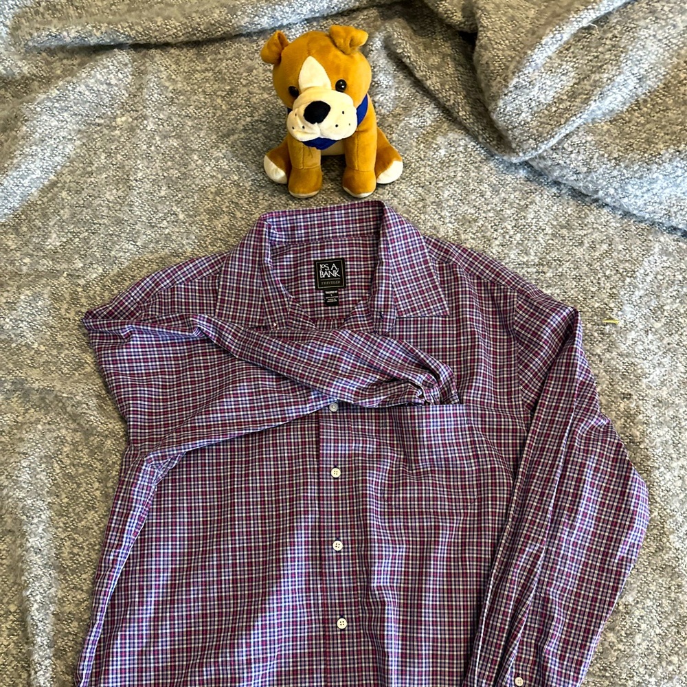 Used Jos A. Bank Purple Gingham Large Long Sleeve Shirt; Spread Collar
